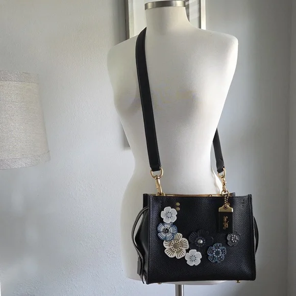 COACH Rogue 25 Black Tea Rose Leather Crossbody Bag - Picture 5 of 16
